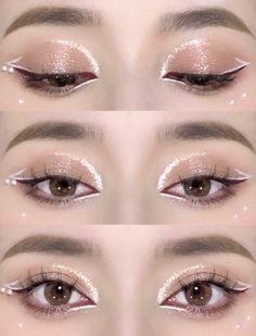 Eye Makeup Line Art, Jeweled Makeup Looks, Korean Makeup Look Natural, Korean Glitter Eye Makeup, Ulzangg Makeup, Simple Rhinestone Makeup, Blush Nails Korean, Ethereal Makeup Goddesses, Hooded Eyeliner