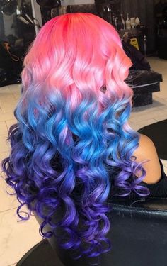 Hair color ideas Bright Ombre Hair, Pink Purple Ombre Hair, Summer Color Hair Ideas, Korean Hairstyle Color, Pink And Blue Hair Ideas, Metallic Purple Hair, Pink Blue And Purple Hair, Pink Blue Purple Hair, Pink Purple And Blue Hair