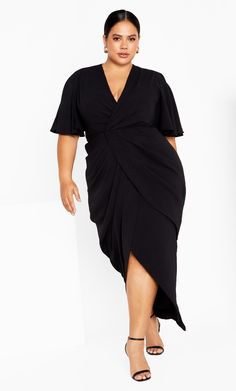 Fall head over heels for the Braelynn Maxi Dress! A style you'll reach for over and over again, this dress flaunts a charming tulip skirt, short flutter sleeves and front draping detail that will dial up your silhouette! Key Features Include: - V-neckline - Short flutter sleeves - Front draping detail - Tulip skirt - Back zip and hook closure - Lined - Maxi length Coordinate with gem-detailed accessories for fabulous glam. | Plus Size Braelynn Maxi Dress in Black, Size 14 | City Chic Dresses For Apple Shape, Plus Size Wedding Guest Dresses, Maxi Design, Plus Size Cocktail Dresses, Fall Wedding Guest Dress, Tulip Skirt, Plus Size Formal Dresses, Maxi Bridesmaid Dresses, Plain Dress