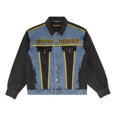 Drew House Oversized Mascot Trucker Jacket 'Vintage Color Block' DR-FW22-343 Vintage Relaxed Fit Collared Denim Jacket, Vintage Collared Relaxed Fit Denim Jacket, Vintage Outerwear With Relaxed Fit And Long Sleeves, Vintage Relaxed Fit Long Sleeve Outerwear, Casual Reworked Long Sleeve Outerwear, Casual Reworked Outerwear For Streetwear, Casual Long Sleeve Reworked Outerwear, Vintage Reworked Denim Jacket, Vintage Reworked Denim Jacket With Long Sleeves