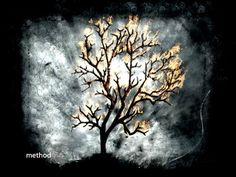 a painting of a tree with yellow leaves on it's branches in the dark