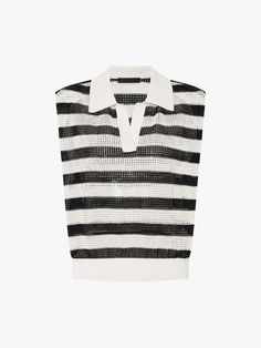 MO&Co. Women's Polo Collar Striped Top This sleeveless knit top is made from a soft, comfy cotton blend fabric. It features a classic polo collar and is crafted in a crochet knit style, giving it a textured, openwork design. The top has a bold stripe pattern running throughout, adding a touch of visual interest. Perfect for warm weather, this lightweight top can be easily dressed up or down. It is an effortless and stylish choice for your summer wardrobe. Features : - Regular fit, crochet knit c Spring Pointelle Knit Top With Polo Collar, White Knit Collared Top, Collared Cotton Top With Pointelle Knit, Chic Collared Knit Top For Summer, Open Knit Tops For Workwear, Open Knit Workwear Tops, Open Knit Top For Work, Summer Cotton Collared Knit Top, Collared Cotton Knit Top For Summer