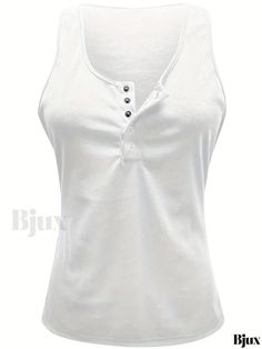 Bjux - Stylish Button Front Crew Neck Tank Top: A Chic and Effortless Sleeveless Option for Your Summer Wardrobe in Womens Clothing White Cotton Tank Top With Buttons, White Cotton Buttoned Tank Top, White Buttoned Tank Top For Summer, White Buttoned Tank Top, White Sleeveless Top With Buttons, White Sleeveless Buttoned Top, White Tank Top With Buttons, White Buttoned Sleeveless Tank Top, White Sleeveless Tank Top With Buttons