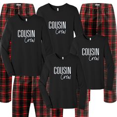 Nothing better than COUSINS! Outfit the whole Cousin Crew in our matching family pajamas this Christmas! This festive flannel set comes with a luxe 100% cotton jammie t-shirt in black with matching black and red kingston plaid flannel pajama bottoms. Put the kids to bed in their Christmas pjs and let them rip open those packages Christmas morning. Your options are endless. This cozy pajama set is so comfortable it will be your go to uniform all winter break long. Perfect for Christmas morning or Cousin Sleepover, Color For 2023, Flannel Pajama Bottoms, Monogram Kids, Matching Family Christmas Pajamas, Family Pajama Sets, Cousin Crew, Hooded Robe, Flannel Pants