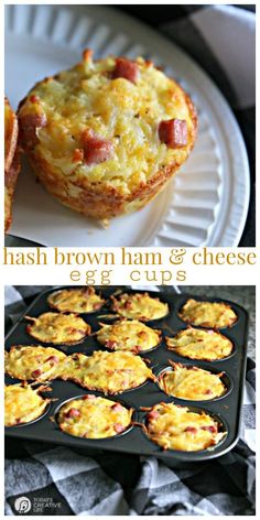 ham and cheese egg cups on a white plate next to a muffin tin with bacon in it