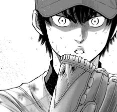 an anime character wearing a baseball cap and holding a catchers mitt in his hand