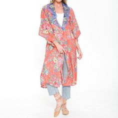 Aratta Thousand Kisses Deep Cardigan Dress The Thousand Kisses Cardigan Dress from Aratta features a striking embellished mesh collar.        V-neck     Wide sleeves     Hits below knee     Floral print     70% Rayon, 30% Nylon     Hand wash with warm water, line dry     Imported Fitted V-neck Summer Outerwear, V-neck Multicolor Outerwear For Spring, Elegant V-neck Kimono For Spring, V-neck Floral Print Kimono For Fall, V-neck Kimono For Fall Daywear, Fall V-neck Kimono For Daywear, Summer V-neck Outerwear, Printed V-neck Outerwear For Fall, Multicolor Open Front Cardigan For Spring