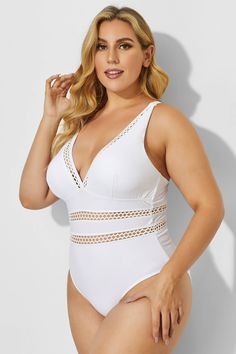 White Lattice Plunge V-neckline One Piece Swimsuit Cheap White One-piece Swimwear, Fitted V-neck One Piece For Poolside, Swimwear Curvy, White V-neck Swimwear For Pool, White Fitted V-neck Swimwear, V-neck One Piece For Poolside, Carport Ideas, White Lattice, Plunging One Piece Swimsuit