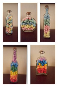 four different shots of a bottle filled with candy