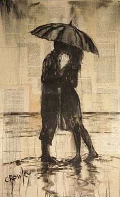 two people standing under an umbrella in the rain on a newspaper page with words written underneath