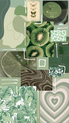 a collage of green and white images with leaves, circles, hearts, and other things