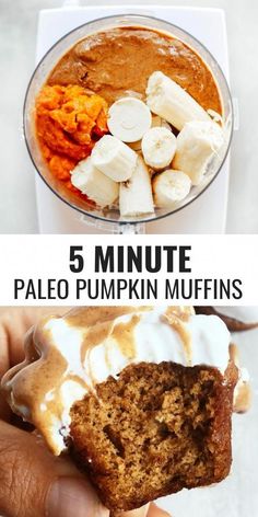 a person holding a piece of cake next to a bowl of pumpkin muffins