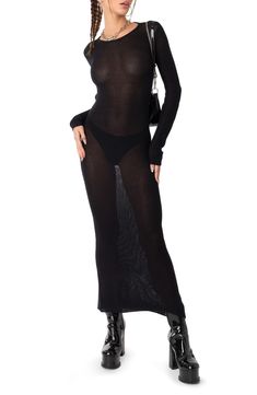 An open-back design adds drama to this long-sleeve maxi dress rendered in a semitransparent knit. Jewel neck Long sleeves 100% acrylic Machine wash, tumble dry Imported Sheer Stretch Long Maxi Dress, Black Sheer Long Sleeve Maxi Dress, Sheer Long Sleeve Maxi Dress For Night Out, Black Sheer Long Maxi Dress, Sheer Long Sleeve Bodycon Maxi Dress, Long Black Dress Outfit, Long Sleeve Knit Maxi Dress, Knit Dress Long Sleeve, Knitted Dress Outfit