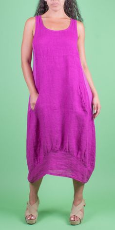 Full Linen Sleeveless Dress that Falls about Mid-Length. There are Elastic Side Panels and Pockets. 100% Linen One Size / OS Model 5'8" Made in Italy Summer Purple Dresses With Pockets, Sleeveless Maxi Dress With Slip Pockets For Summer, Sleeveless Dresses With Slip Pockets, Sleeveless Linen Dress, A Name, Side Panels, Italian Fashion, Panel Siding, Handbags On Sale