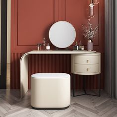 a dressing table with a mirror and stool in front of an orange paneled wall