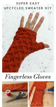 the fingerless gloves are made with yarn