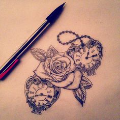 a drawing of a rose with two clocks on it and a pen next to it