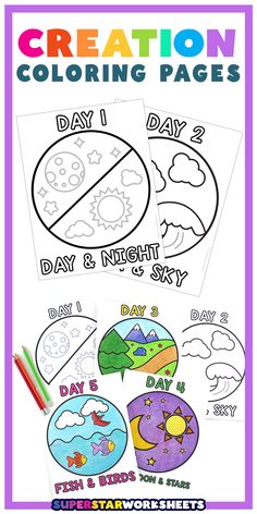 coloring pages for children to color with the words creation and day and night on them