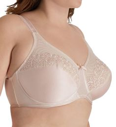 This lovely full-figured underwire bra is a great option for women with full breasts and extra breast tissue. Tall sides and back help to smooth and contain you, preventing spillover. Made of polyester, nylon and spandex. Multi-part, underwire cups are unlined (unpadded) and have angled seams to support and shape. Embroidered mesh cup tops provide sheer coverage. Sewn-on elastic along top of cups secures a close fit. Full coverage neckline. Center - tall panel has a bow at top and an arched unde Bras Underwire, Embroidered Bra, Bra Design, Lounge Style, Beautiful Dresses For Women, Soft Cup Bra, Bra Style, Sewing Tags, Full Coverage Bra