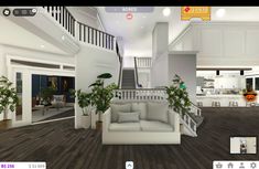 a virtual view of a living room with stairs and plants on the couch in front of it