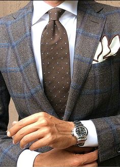 Glen Plaid-Brown-Dots•●• Suit Style Gentleman, Plaid Brown, Brown Tie, Glen Plaid, Grey Plaid