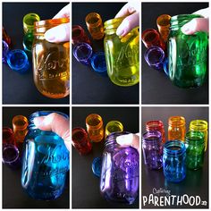 several pictures of different colored mason jars