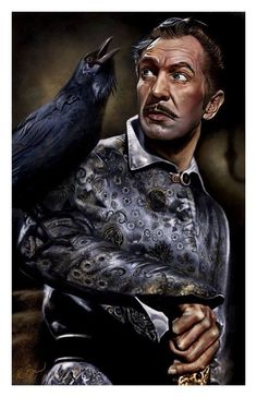 a painting of a man with a crow on his shoulder and another bird in the background