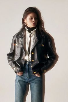 Discover our Retro American-Styled Calfskin Leather Flight Jacket. Exquisite craftsmanship, unique seagull collar, and vintage appeal. Perfect for those who appreciate quality and style. Leather Flight Jacket, Cropped Leather Jacket, Flight Jacket, Vintage Aesthetic, Black Crop, Retro Inspired, Calf Skin, Flight, Vintage Ladies