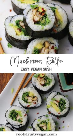 sushi rolls on a plate with chopsticks next to it and the words, mushroom fish easy vegan sushi