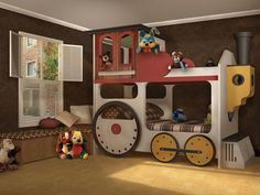 a child's bedroom with a train bed and toys