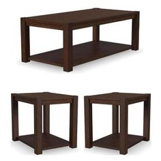 three wooden tables with one shelf on each side and the other end table below them