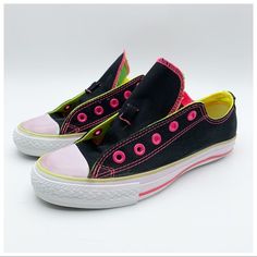 I'm Obsessed With These! Here’s What The Original Seller/Owner Had To Say: Converse Unisex Low-Top All-Stars W/Double Tongue W/ Florescent Pink/Green/Yellow Accents W/Black Body 6women's Or 4mens. Nwot. Please See Photos For Additional Details. I’m Reposhing This Item I Purchased From @Luxlisa. Loved It, Like Love Them, They Look Exactly As Pictured And Are Great Quality Like I Submitted In My Review. Just Unfortunately They Are Either Just A Tad Too Small Or Too Wide For Me. Even Tho The Tag Sa Pink Converse Slip-on Sneakers, Pink Slip-on Converse Sneakers, Scene Shoes, Converse Pink, Star W, Pink Green Yellow, Yellow Accents, Converse Sneakers, Black Body