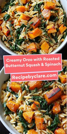 two bowls filled with pasta, butternut squash and spinach