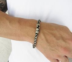 "This sterling silver 6mm wheat chain bracelet is oxidised, producing a dark gunmetal finish that accentuates the depth of the chain's pattern, a simply beautiful piece. Length dimension: 8.5\" Clasp type: lobster Country of origin: Italy Looking forModern Cuff Bracelet? We have just one in our Collection Check on at the link Below : https://www.etsy.com/listing/538433858/mens-cuff-bracelet-personalized-with *QUESTIONS?* Any questions that you may have please contact us, we'll be happy to reply, Silver Leather Band Bracelet As Gift, Silver Leather Band Bracelet For Gift, Husband Christmas Gift, Mens Cuff Bracelets, Mens Chain Bracelet, Christmas Gift For Him, Mens Cuff, Christmas Gifts For Husband, Mens Bracelet Silver