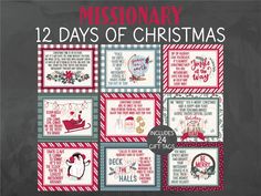 the 12 days of christmas cross stitch pattern is displayed on a chalkboard with red and white