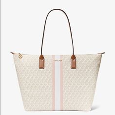 Retails For 349.00michael Kors Jet Set Travel Handbag Large - Vainilla(Beige )With Pink Stripes Made From Our Signature Logo-Print Canvas With Contrasting Stripes, This Tote Bag Will Be Your Hardest Working Accessory. It Opens To A Pocketed Interior That Will Comfortably Store A Day’s Worth Of Necessities, Spare Shoes And A Laptop. Carry It In Hand By The Durable Leather Straps, Or Over Your Shoulder On Days That Require On-The-Go Ease. Logo-Print Canvas With Pink Stripes 63.7% Coated Canvas/36. Luxury Pink Coated Canvas Bag, Luxury Pink Bags With Leather Handles, Designer Pink Coated Canvas Bag, Classic Pink Bag With Dust Bag Included, Designer Pink Coated Canvas Shoulder Bag, Pink Designer Coated Canvas Shoulder Bag, Classic Pink Travel Bag, Pink Bag With Detachable Handle In Coated Canvas, Pink Coated Canvas Top Handle Shoulder Bag