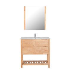 a bathroom vanity with a mirror above it and a wooden shelf underneath the countertop