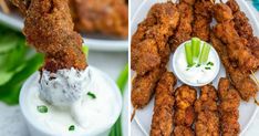 two pictures of chicken skewers with ranch dip and celery on the side