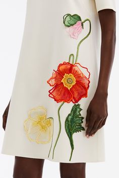 Painted Poppies Shift Dress - Ivory - IVORY / 4 Painting On Dress, Paint On Clothes, Poppy Fashion, Creative Embroidery Designs, Basic Clothes, Painted Poppies, Hand Painted Dress, Dress Embroidery, Instagram Trends