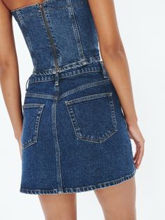 Lydia High Rise Denim Mini Skirt - Sustainable Denim | Reformation Denim Bustier, Sustainable Denim, Denim Miniskirt, High Waist Denim, Bustier Top, High Rise Denim, Denim Mini, Free Fabric, Denim Mini Skirt