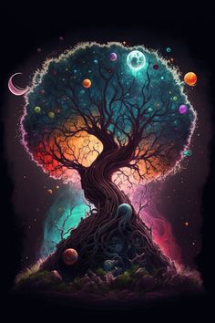 a tree with many planets in the sky