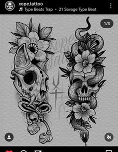 two skulls and flowers tattoo design on the back of an iphone screen, one is black and