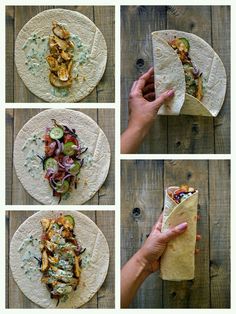 the process of making a taco with chicken and vegetables