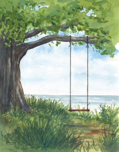 a watercolor painting of a tree with a swing hanging from it's trunk