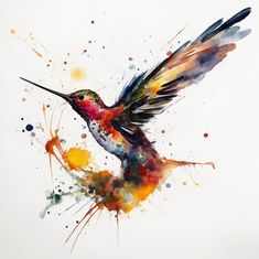 a watercolor painting of a hummingbird flying with its wings spread open and it's body painted multi - colored