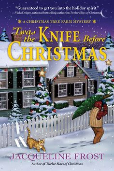 a book cover with a cat carrying a christmas tree in front of a snow covered house