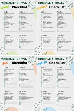 the printable travel checklist is shown in four different colors