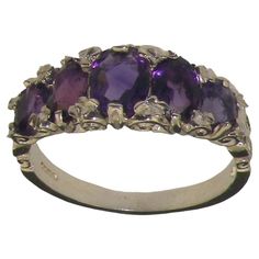 This beauty is wonderful handcrafted 14K Solid White Gold Victorian Style Filigree design ring made by us. We have set this particular example with stunning vibrant oval cut faceted Amethysts measuring 7x5mm (0.28"x0.20" inches), two 6x4mm (0.24"x0.16" inches) & two 5x4mm (0.20"x0.16" inches) which look fabulous set against the polished white gold. Your ring will come with the full British Hallmark which includes 585 (the gold purity mark for 14K), the Leopards head and the Royal Crown. These ma Promise Rings For Him, Promise Rings For Her, Beautiful Engagement Rings, Rings For Girls, Band Engagement Ring, Vintage Engagement, Hand Made Jewelry, Pandora Jewelry, Amethyst Ring