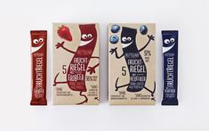 three different types of chocolate bars with eyes and mouths on them, one in the shape of a gerbeel