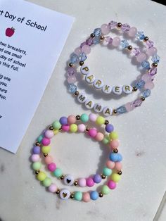 🍎 Back to School Mommy & Me Bracelet Set 🍎  Perfect for your little one's first day back to school, first day in first grade or just for a special mother/daughter gift! 💝  This listing is for a set of 2 bracelets (extra bracelets can be added in the drop down!) Child bracelets will be made to a standard 6" and adult bracelets will be made to 7" unless otherwise specified in comments. Card included to gift to your child.  ✨Need it ASAP? ✨Add "Rush Order Fee" listing to your cart to expedite yo Personalized Pink Bracelets For School, Personalized Multicolor Bracelets For School, Personalized Multicolor Beaded Bracelets For School, Personalized Multicolor Jewelry For Teacher Appreciation, Customized Pink Friendship Bracelets For Mother's Day, Personalized Multicolor Bracelets For Teacher Appreciation, Customizable Adjustable Jewelry For School, Customizable Cute Friendship Bracelets For Mother's Day, Cute Customizable Friendship Bracelets For Mother's Day